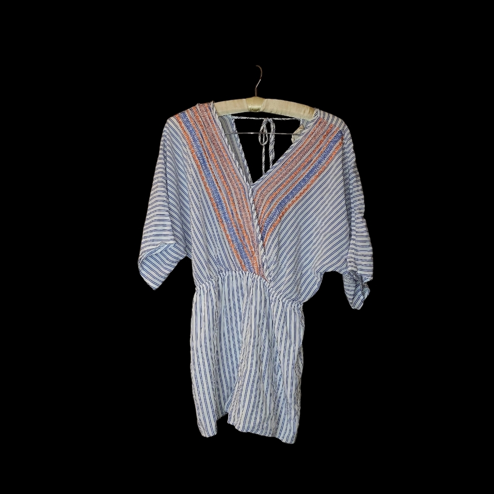Altar'd State Blue White Striped Embroidery Shorts Romper S